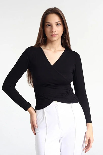 Kadın Siyah Viskon Ön Çapraz Kapama Bluz