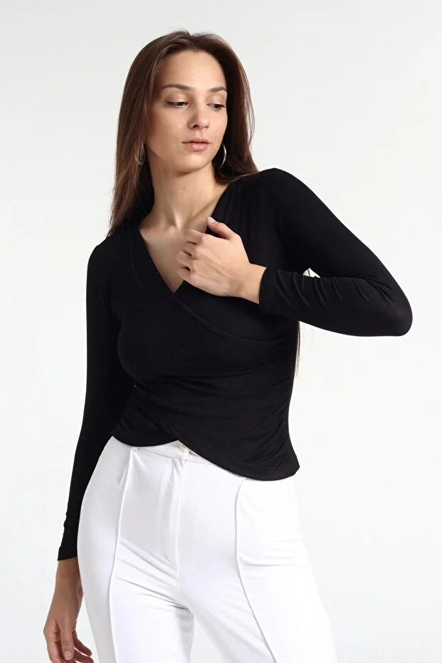 Kadın Siyah Viskon Ön Çapraz Kapama Bluz