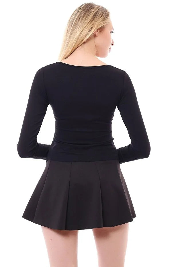 Kadın Siyah Viskon Ön Çapraz Kapama Bluz