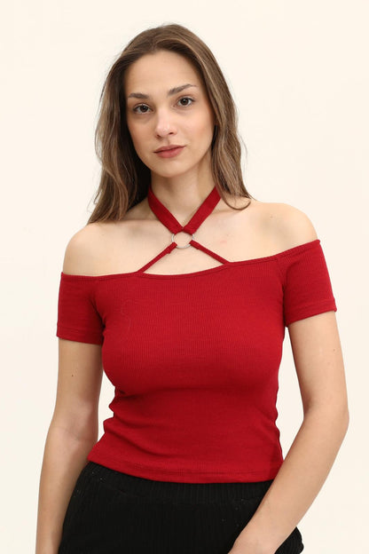 Kadın Bordo Renkli Ön Ve Arka Madonna Yaka Boyun Halkalı Örme Bluz