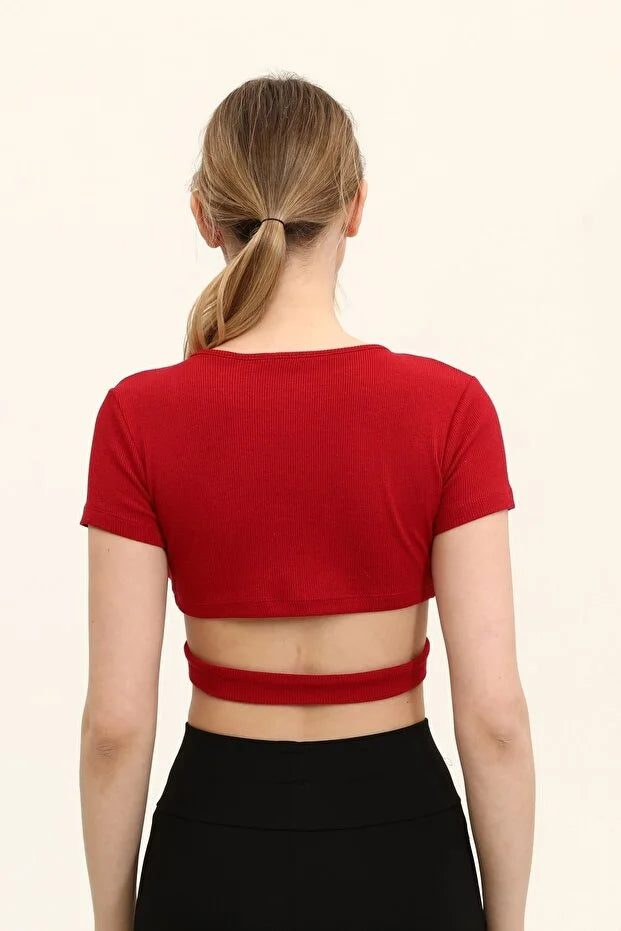 Kadın Bordo Renkli Ön Halka Ve Şeritli Crop Top