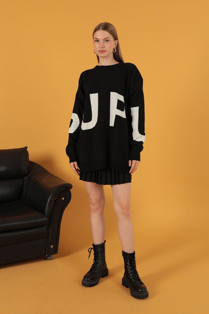 Triko Kumaş UP Yazılı Kadın Kazak-Siyah