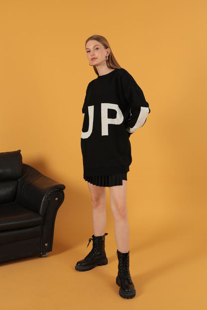 Triko Kumaş UP Yazılı Kadın Kazak-Siyah