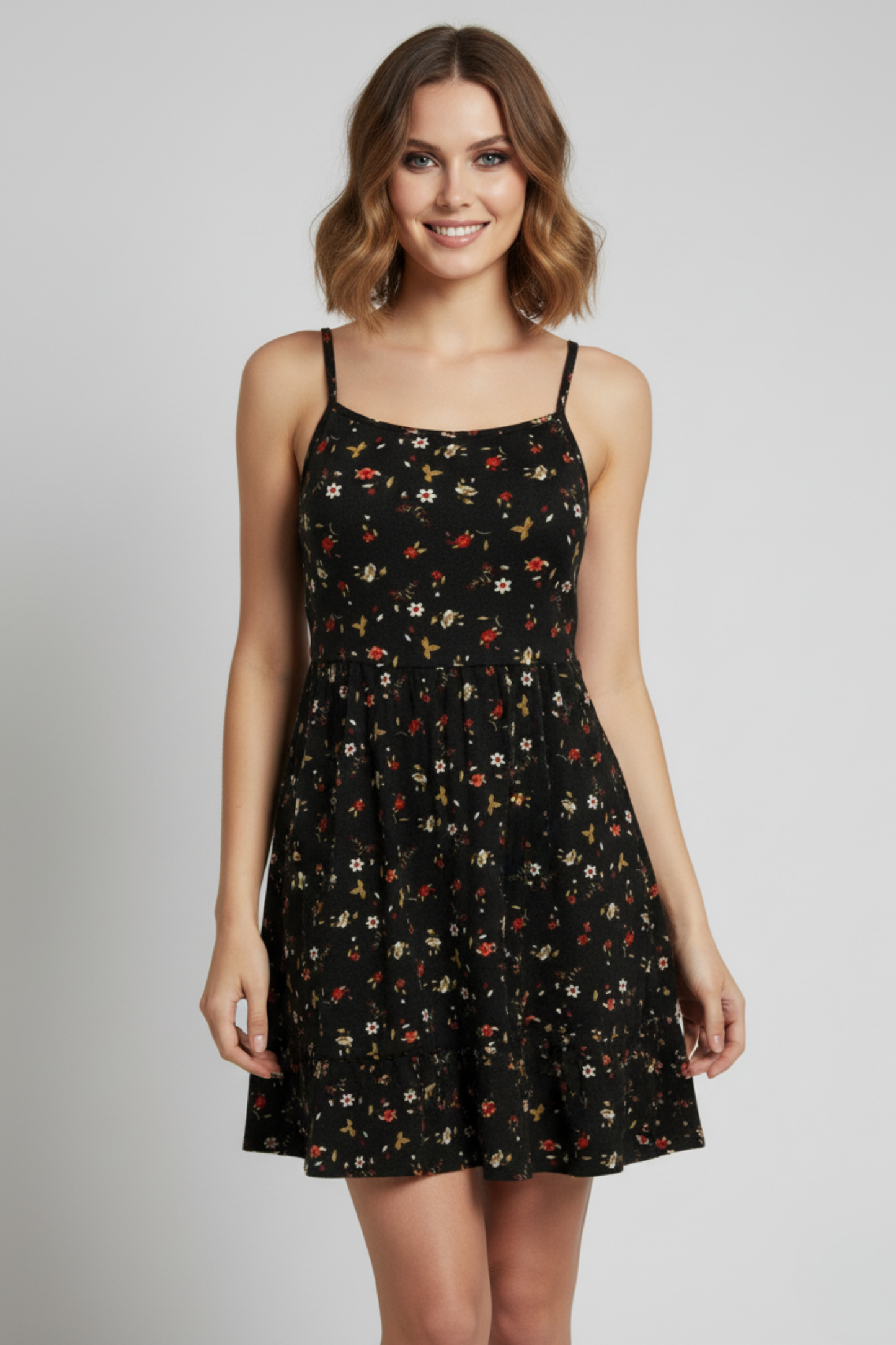 İp Askılı Çiçek Desenli Siyah Krep Mini Elbise