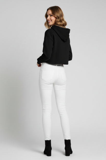 Kadın Siyah Kapüşon İçi Desenli Astar Etek Ucu Yırtmaçlı Crop