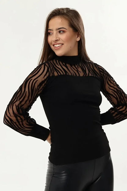 Kadın Kollar Flog Baskılı Tül Detaylı Bluz