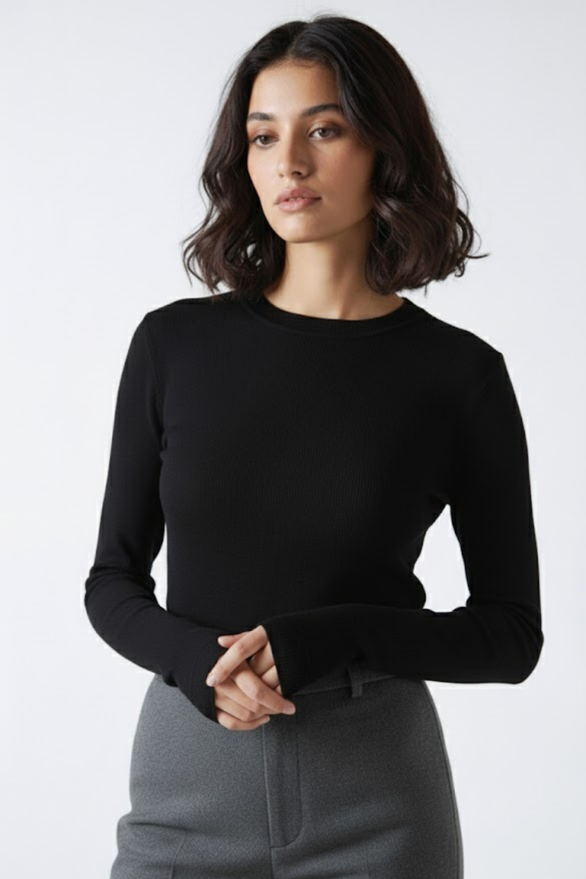 Bisiklet Yaka Parmak Geçmeli Viskon Body - Siyah