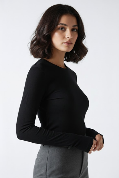 Bisiklet Yaka Parmak Geçmeli Viskon Body - Siyah