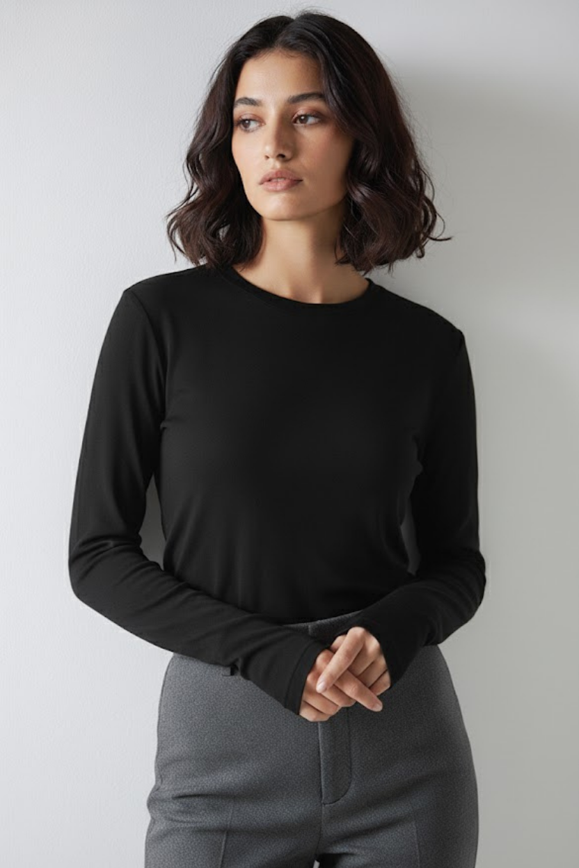 Bisiklet Yaka Parmak Geçmeli Viskon Body - Siyah