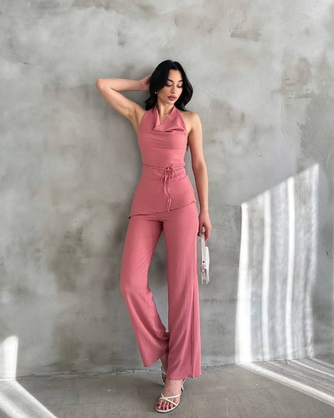 Kadın Gül Kurusu Degaje Yaka Bluz ve Pantolon İkili Takım