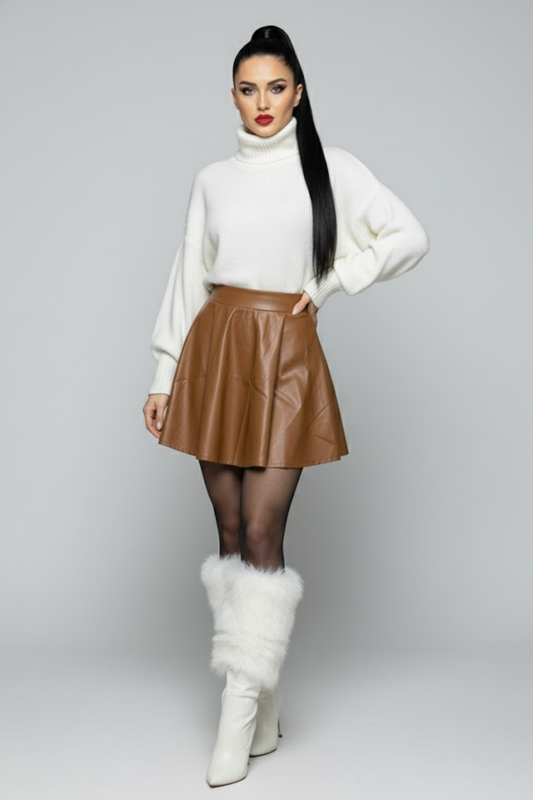 Kadın Taba Deri Pileli Etek