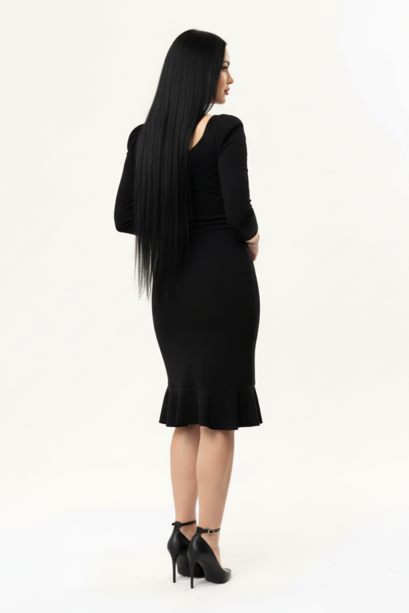 Kadın Siyah Balon Kol Eteği Volanlı Elbise