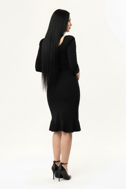 Kadın Siyah Balon Kol Eteği Volanlı Elbise