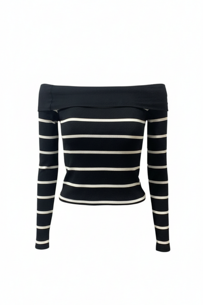 Kadın Siyah - Beyaz Çizgili Madonna Yaka Bluz