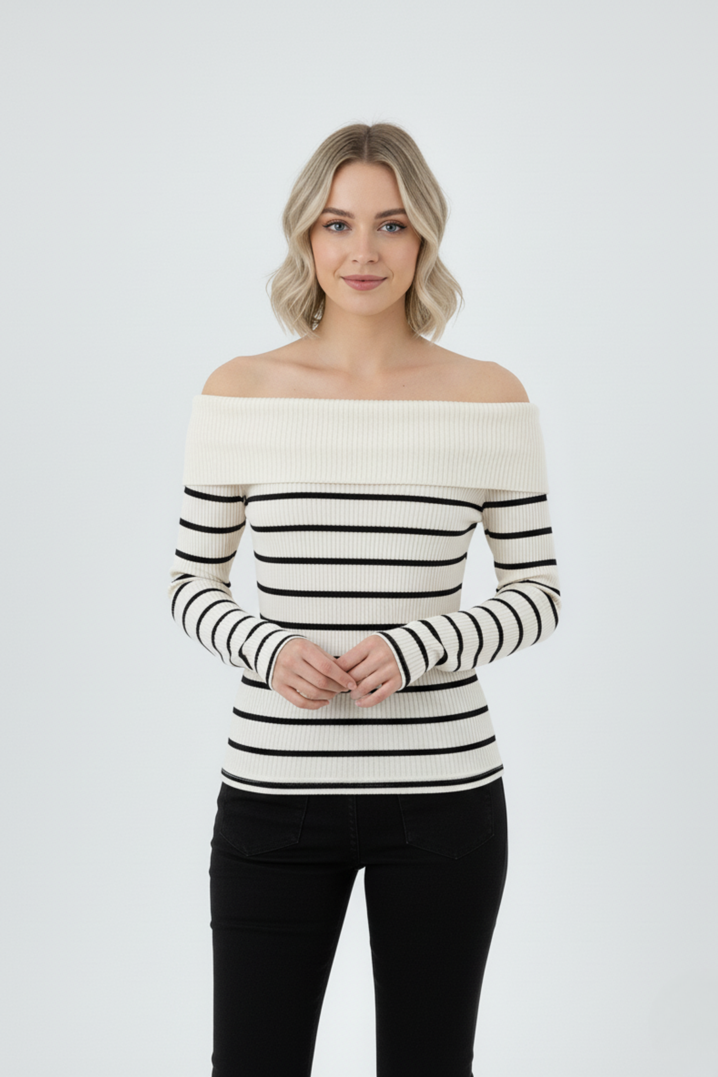 Kadın Çizgili Madonna Yaka Kaşkorse Beyaz Kazak