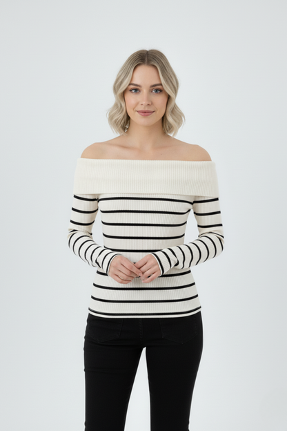Kadın Çizgili Madonna Yaka Kaşkorse Beyaz Kazak