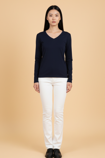 Kadın V Yaka Lacivert Viskon Bluz