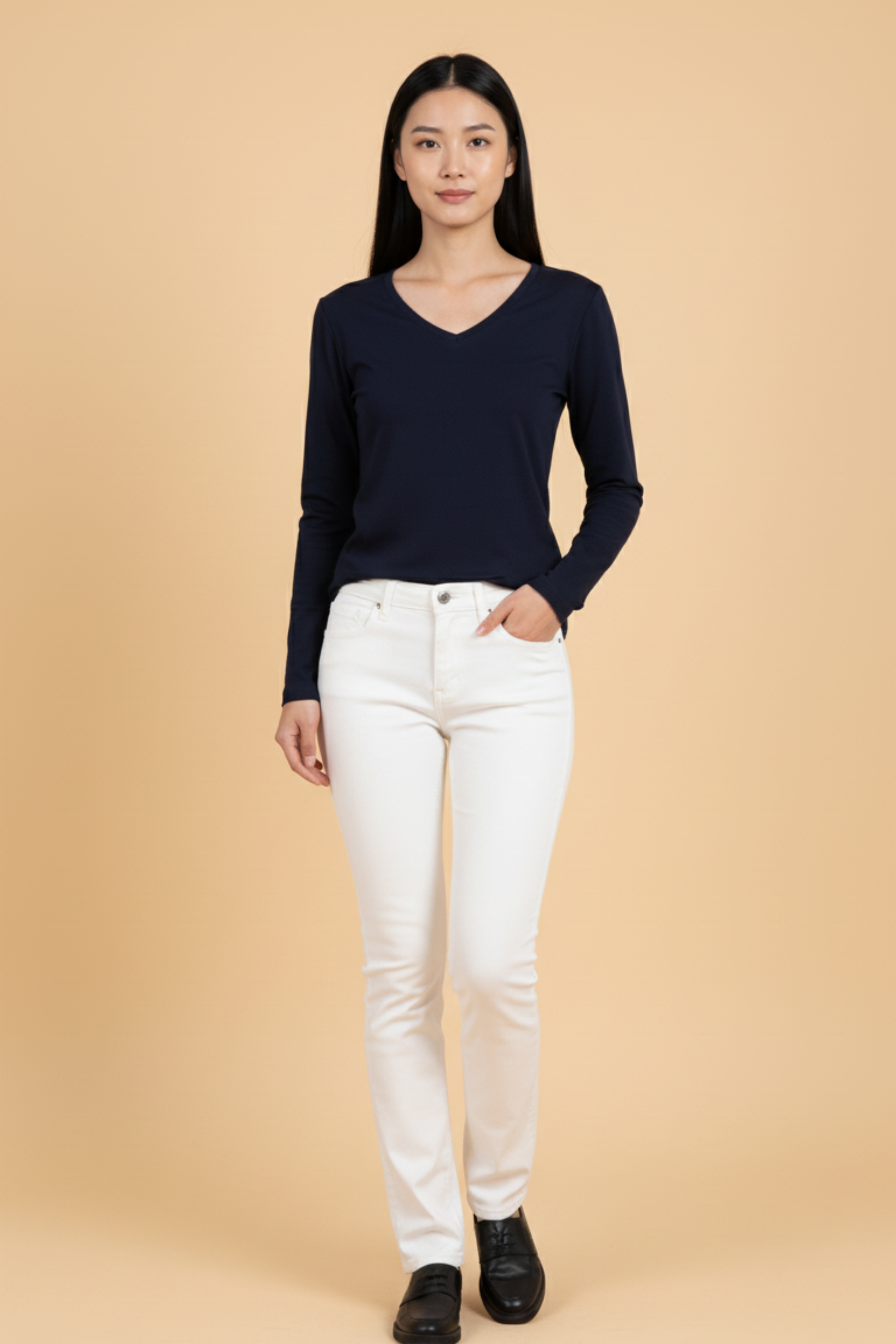 Kadın V Yaka Lacivert Viskon Bluz