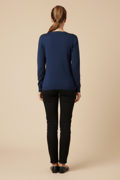 Kadın V Yaka Mavi Triko Kazak