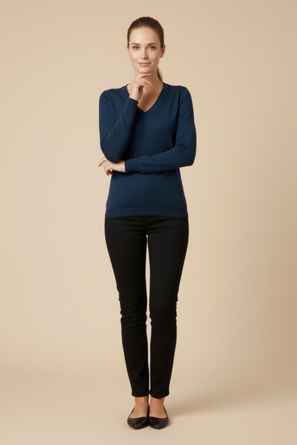 Kadın V Yaka Mavi Triko Kazak