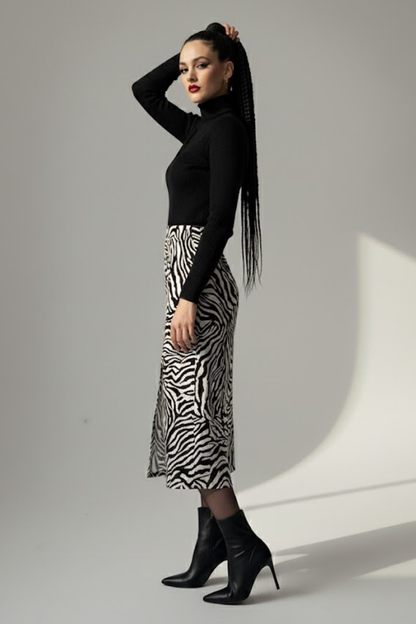 Kadın Zebra Desen Midi Boy Etek