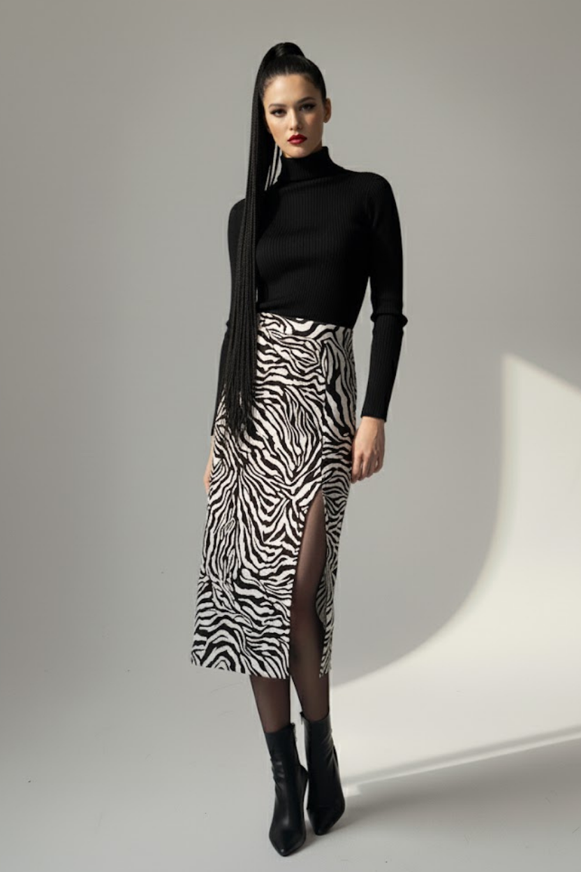Kadın Zebra Desen Midi Boy Etek
