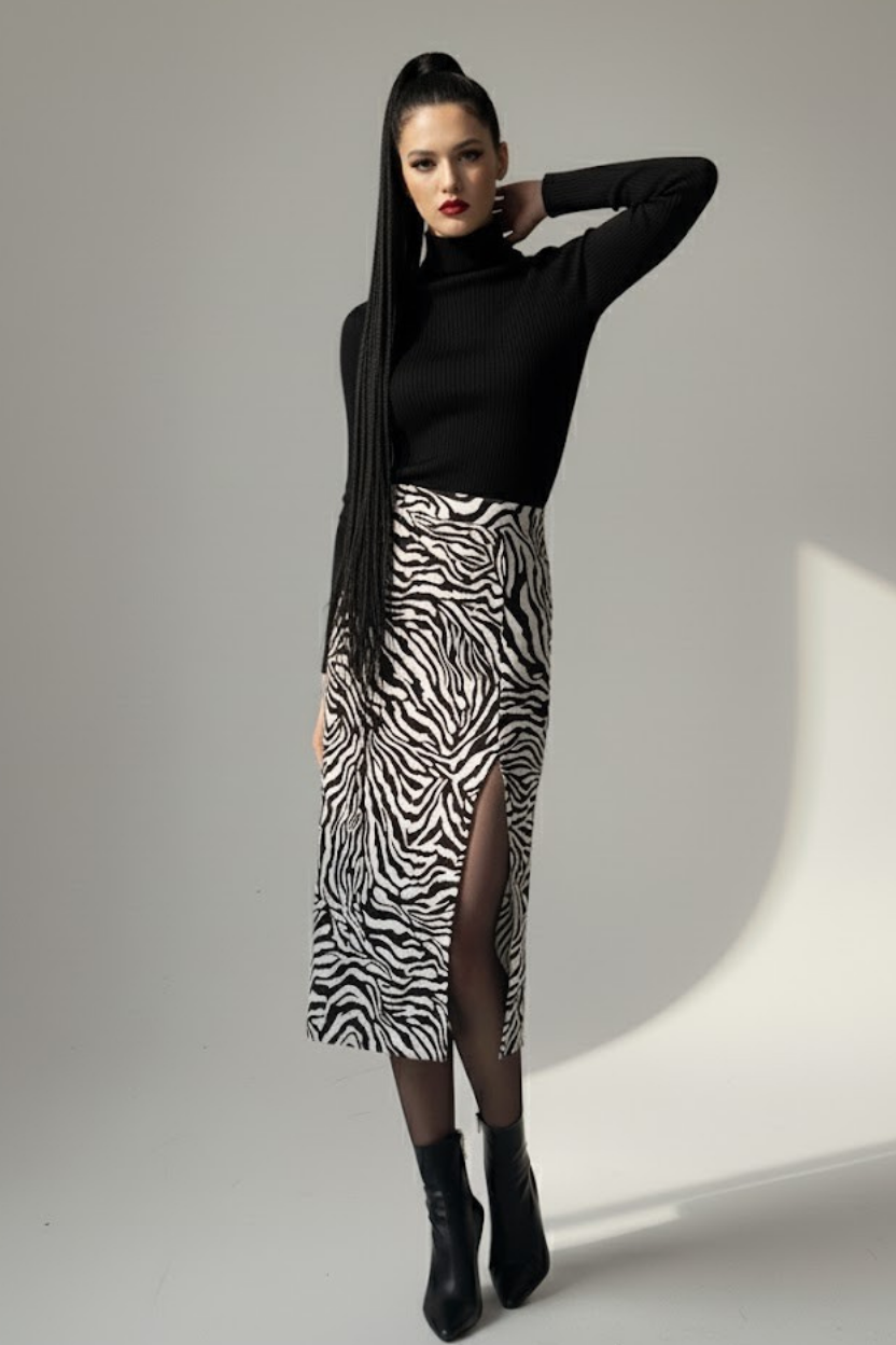 Kadın Zebra Desen Midi Boy Etek