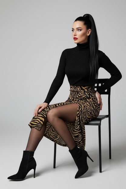 Kadın Yırtmaçlı Kahverengi Zebra Desen Midi Boy Etek