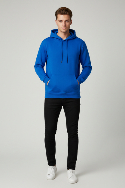 Erkek Üç İplik Kalın Mavi Kapüşonlu Sweatshirt