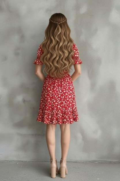 Kayık Yaka Gipeli Bürümcük Mini Elbise – Kırmızı