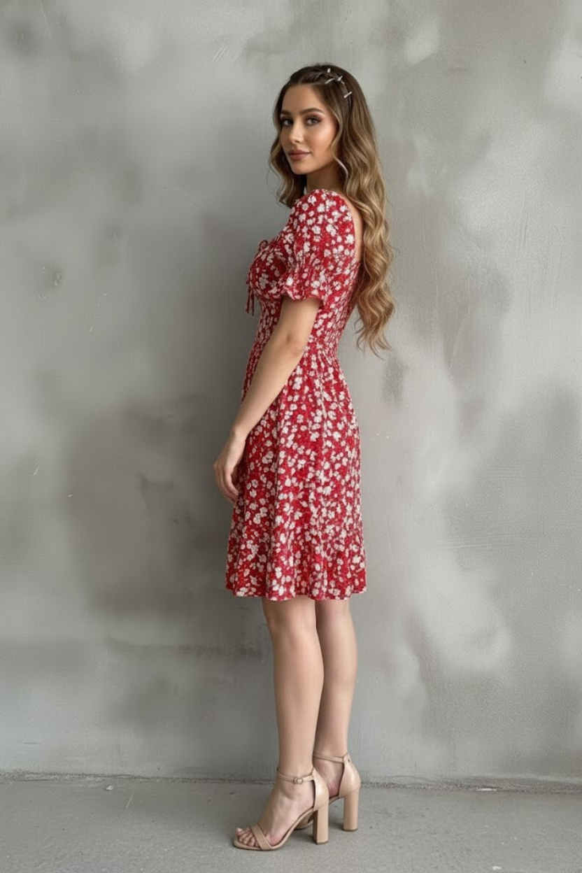 Kayık Yaka Gipeli Bürümcük Mini Elbise – Kırmızı