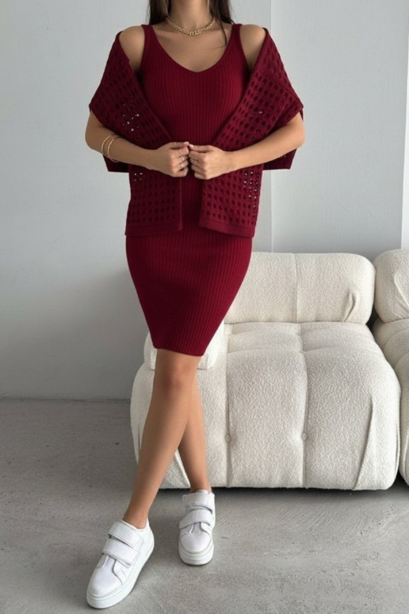 Kadın Delikli Kazak Askılı Elbise Triko Kumaş İkili Takım - Bordo