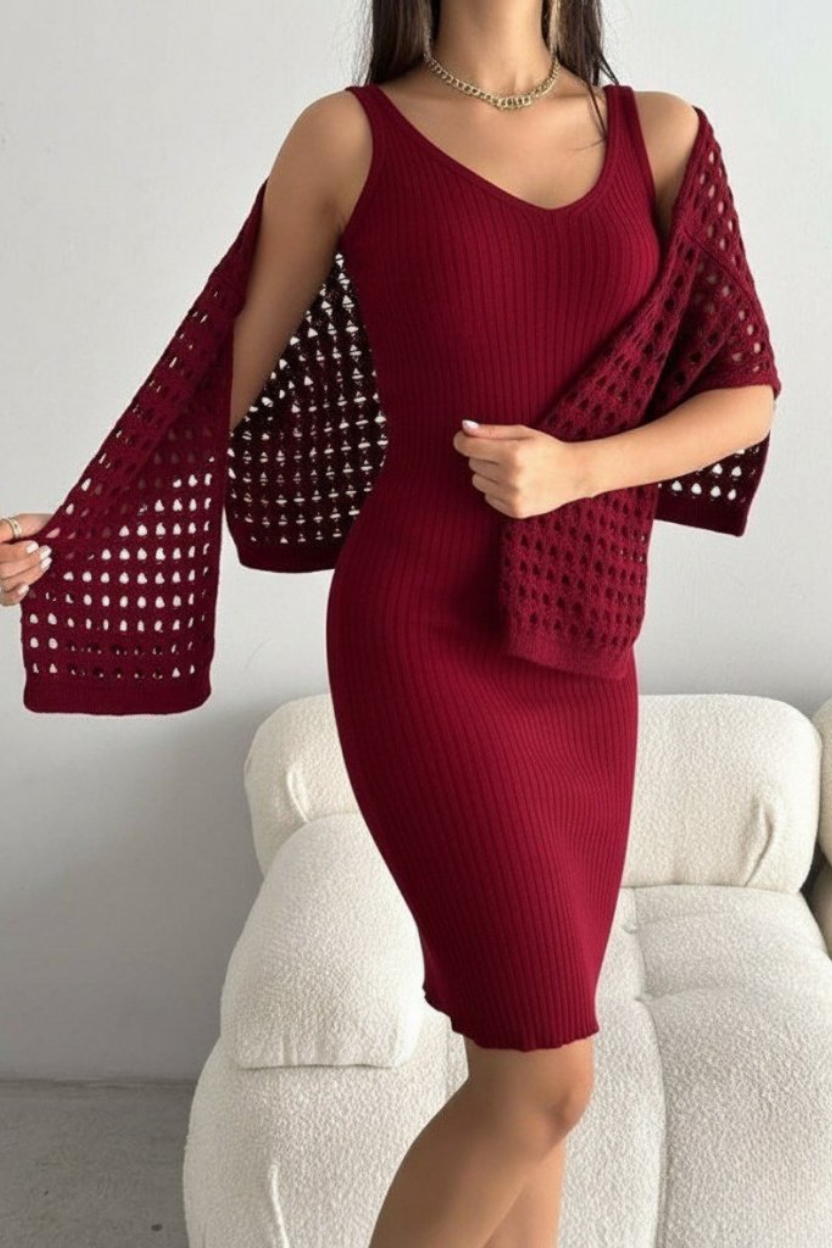 Kadın Delikli Kazak Askılı Elbise Triko Kumaş İkili Takım - Bordo