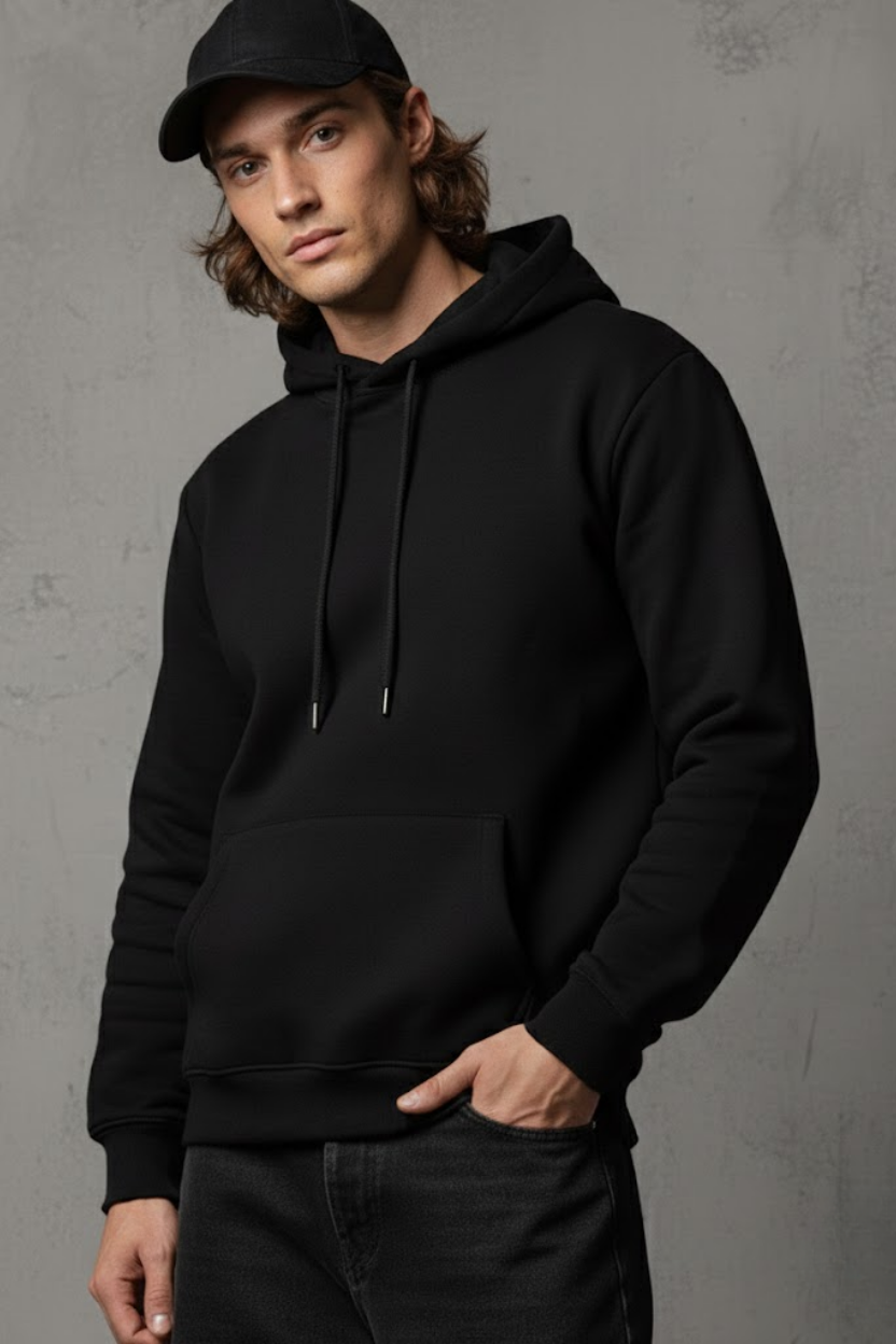 Unisex Kışlık Siyah Üç İplik Şardonlu Pamuklu Kalın Basic Kapüşonlu Hoodie Sweatshirt