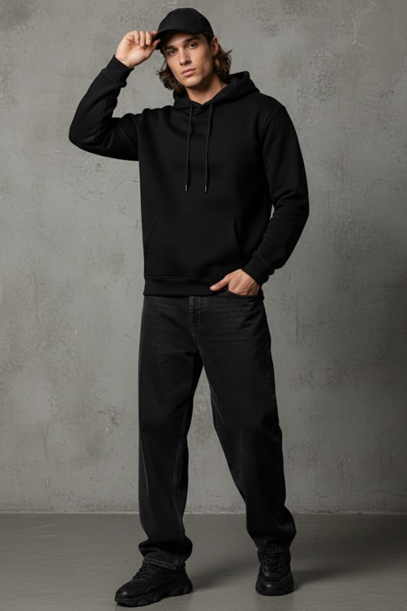 Unisex Kışlık Siyah Üç İplik Şardonlu Pamuklu Kalın Basic Kapüşonlu Hoodie Sweatshirt