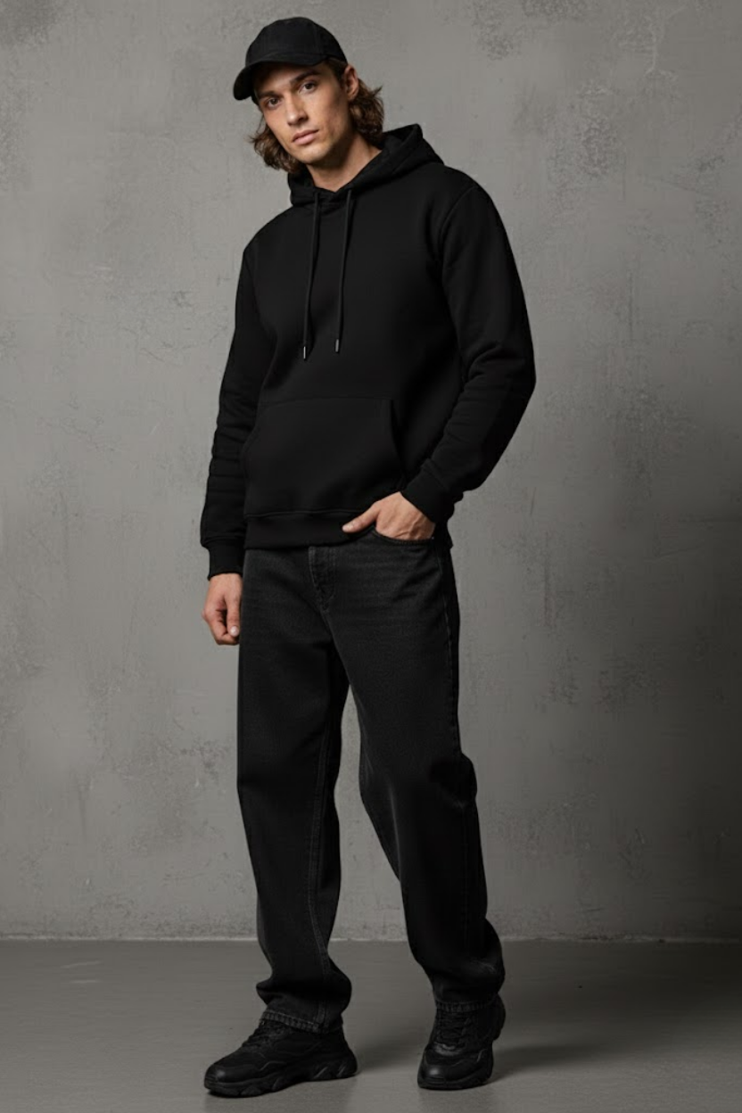 Unisex Kışlık Siyah Üç İplik Şardonlu Pamuklu Kalın Basic Kapüşonlu Hoodie Sweatshirt