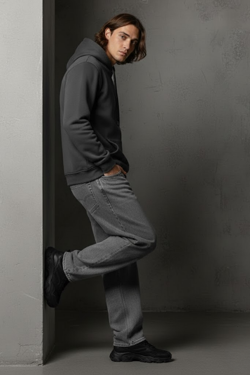 Unisex Kışlık Antrasit Gri Üç İplik Şardonlu Pamuklu Kalın Basic Kapüşonlu Hoodie Sweatshirt