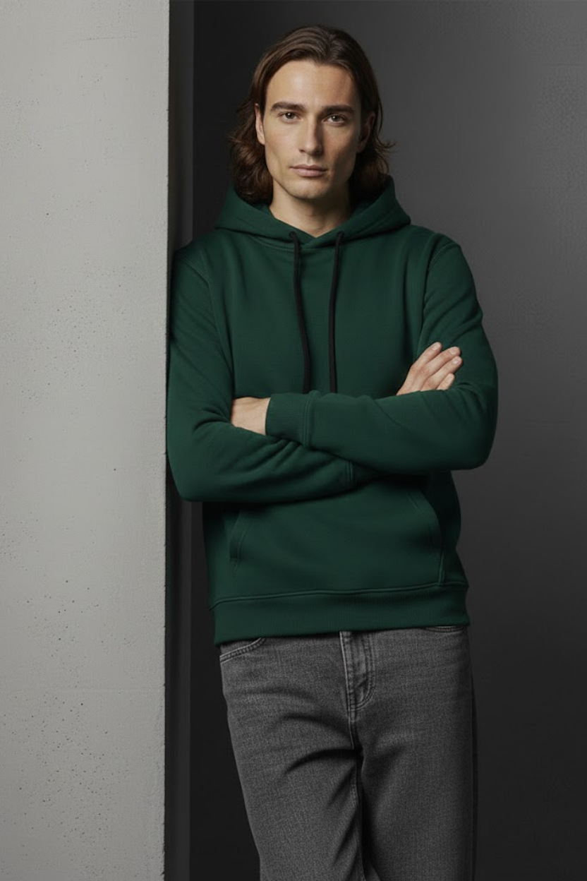 Unisex Kışlık Koyu Yeşil Üç İplik Şardonlu Pamuklu Kalın Basic Kapüşonlu Hoodie Sweatshirt