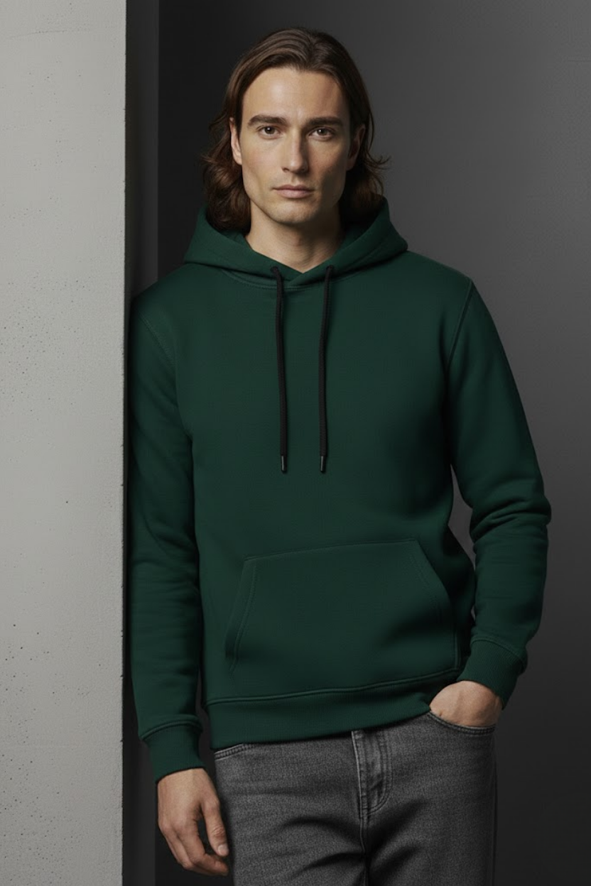 Unisex Kışlık Koyu Yeşil Üç İplik Şardonlu Pamuklu Kalın Basic Kapüşonlu Hoodie Sweatshirt