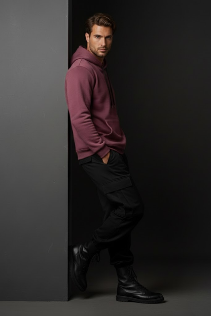 Unisex Kışlık Mürdüm Rengi Üç İplik Şardonlu Pamuklu Kalın Kapüşonlu Hoodie Sweatshirt