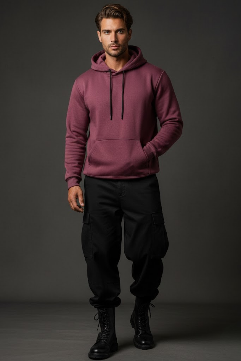 Unisex Kışlık Mürdüm Rengi Üç İplik Şardonlu Pamuklu Kalın Kapüşonlu Hoodie Sweatshirt