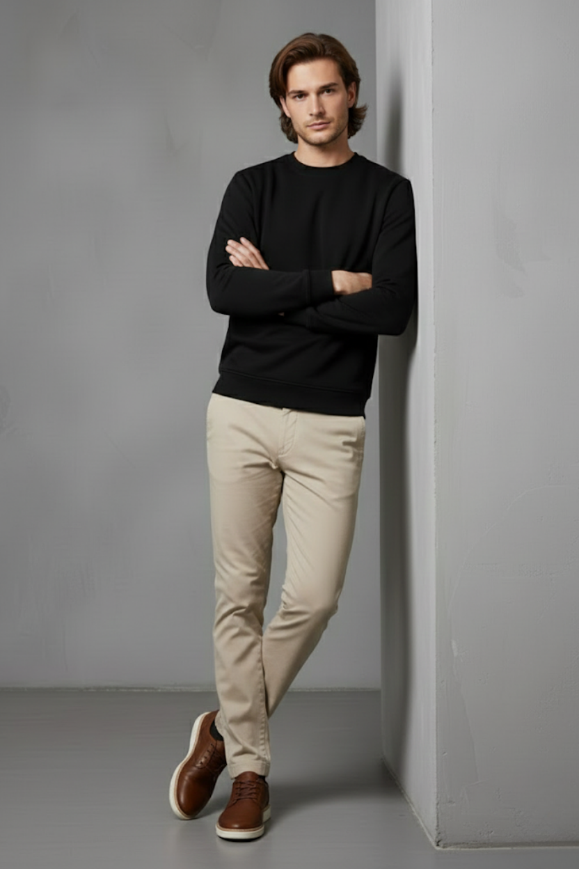 Unisex Kışlık Siyah Üç İplik Şardonlu Kalın Bisiklet Yaka Basic Sweatshirt