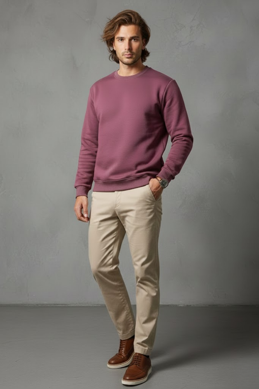 Unisex Kışlık Mürdüm Rengi Üç İplik Şardonlu Kalın Bisiklet Yaka Sweatshirt