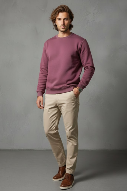 Unisex Kışlık Mürdüm Rengi Üç İplik Şardonlu Kalın Bisiklet Yaka Sweatshirt