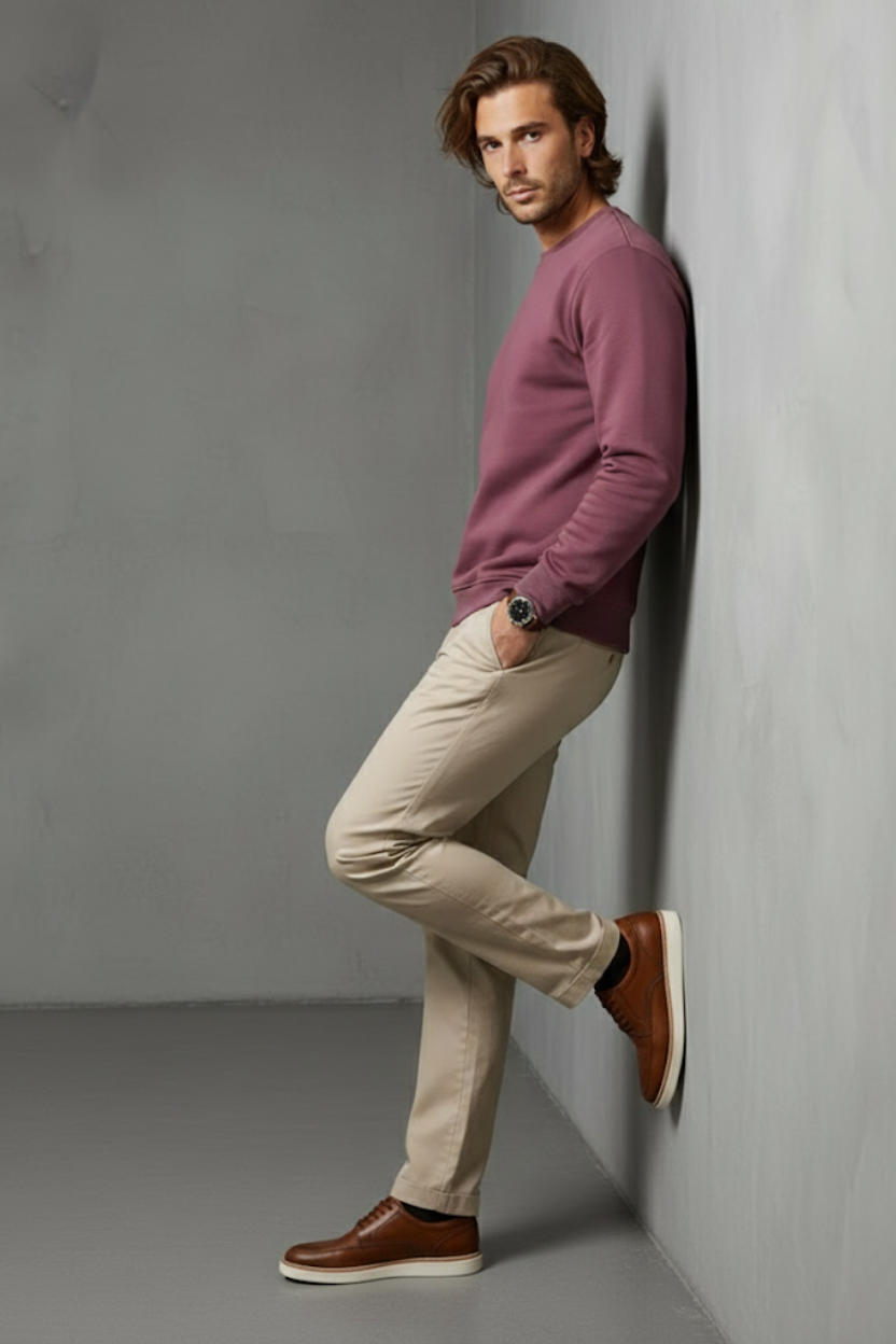 Unisex Kışlık Mürdüm Rengi Üç İplik Şardonlu Kalın Bisiklet Yaka Sweatshirt