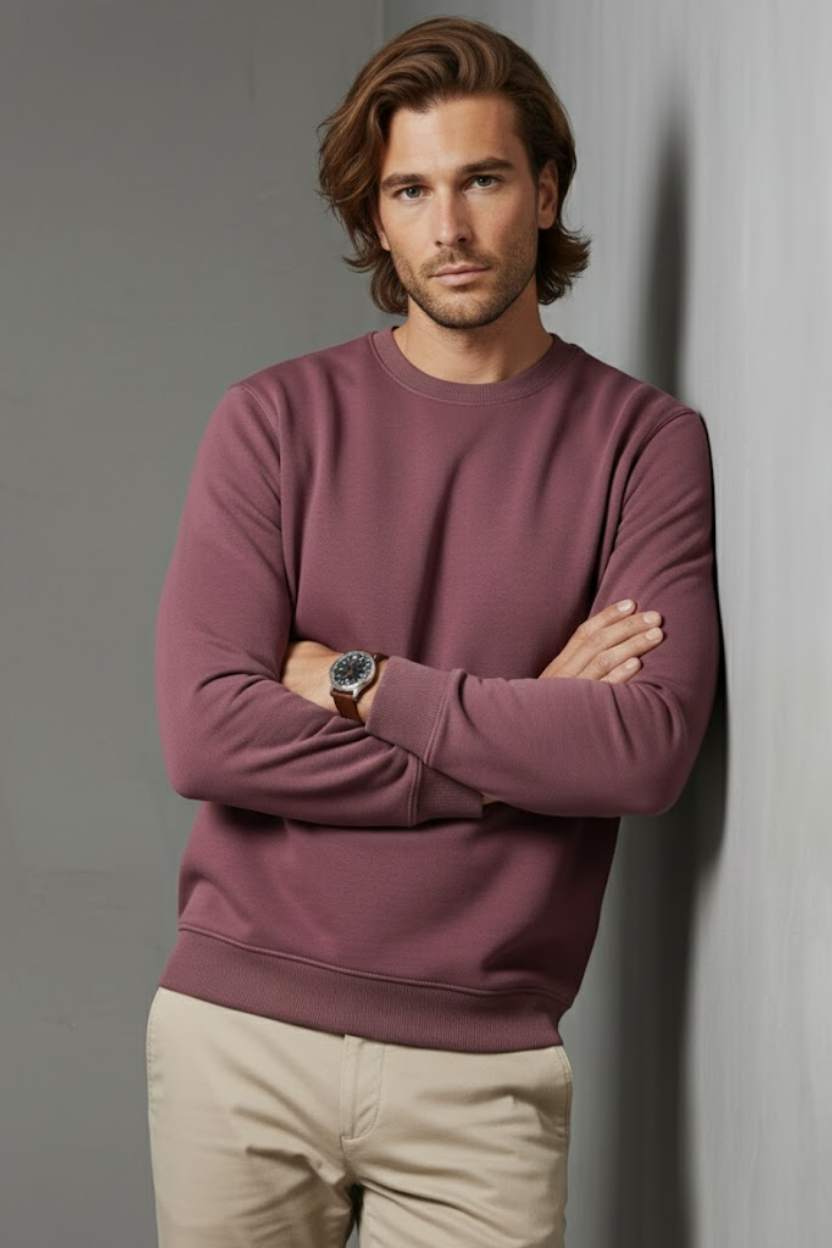 Unisex Kışlık Mürdüm Rengi Üç İplik Şardonlu Kalın Bisiklet Yaka Sweatshirt