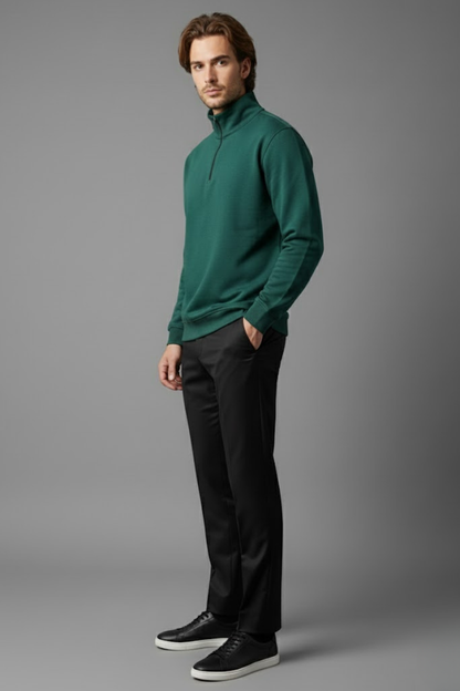 Unisex Kışlık Koyu Yeşil Yarım Fermuarlı Dik Yaka 2 İplik Basic Sweatshirt