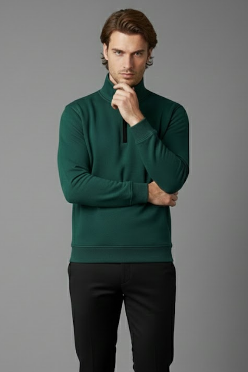 Unisex Kışlık Koyu Yeşil Yarım Fermuarlı Dik Yaka 2 İplik Basic Sweatshirt