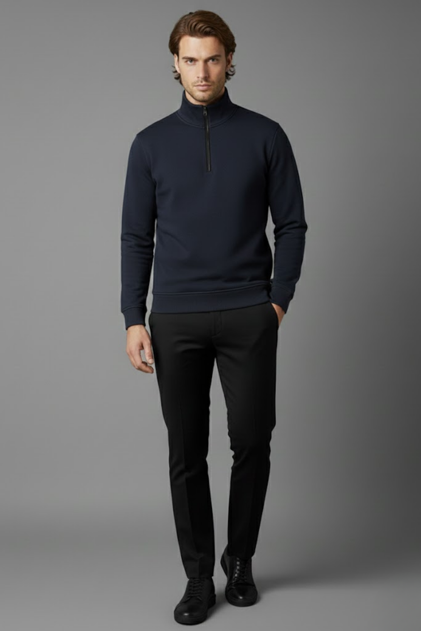 Unisex Kışlık Lacivert Yarım Fermuarlı Dik Yaka 2 İplik Basic Sweatshirt