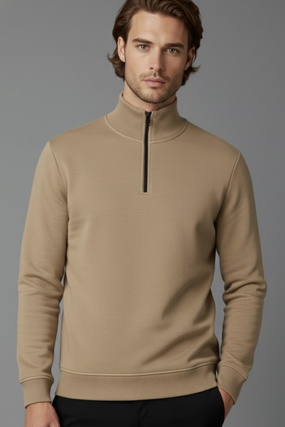 Unisex Kışlık Açık Kahve Yarım Fermuarlı Dik Yaka 2 İplik Basic Sweatshirt
